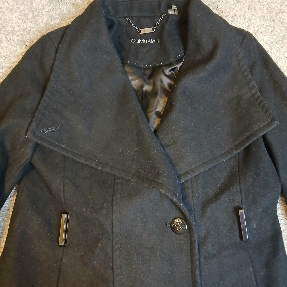 Calvin Klein Womens Black Wool Blend Wing Collar Peacoat Jacket PS Petite Small - Picture 3 of 11